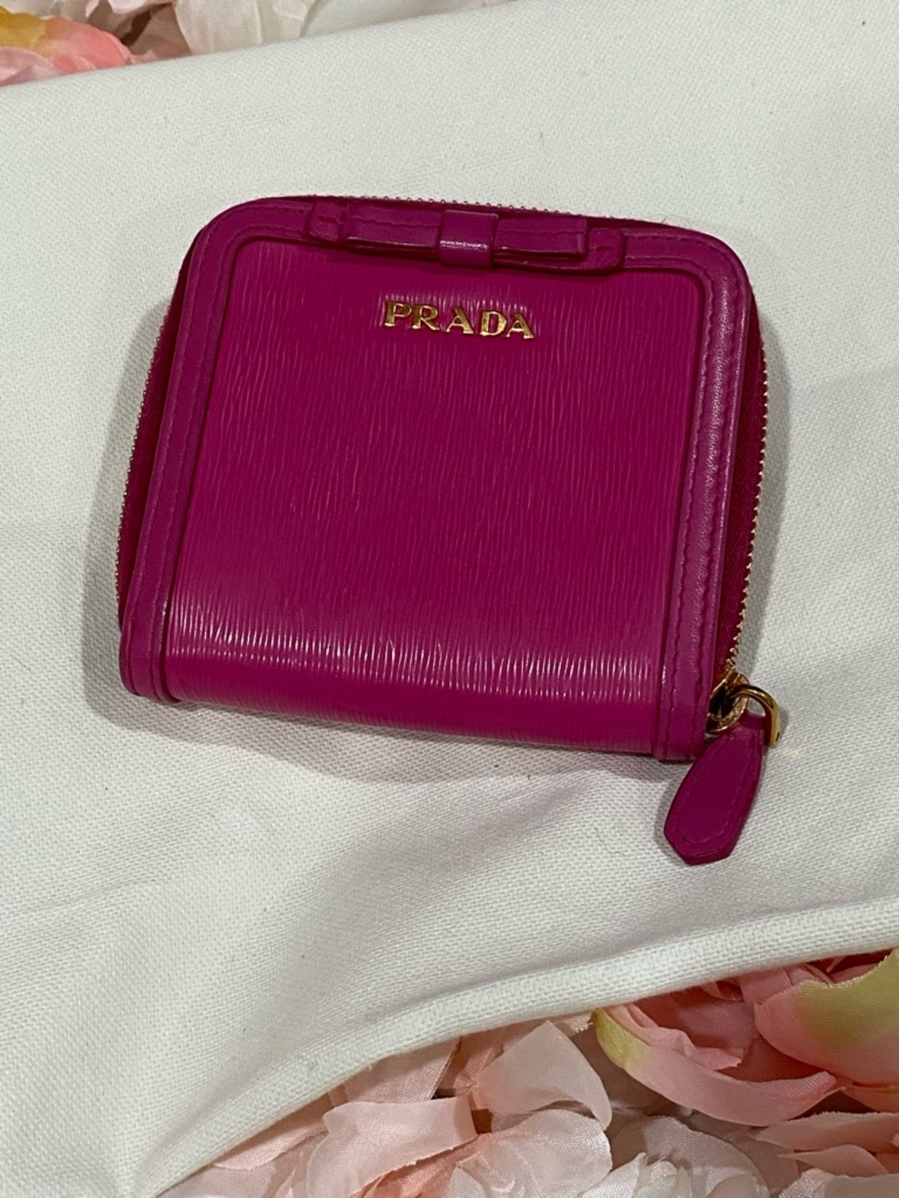 Prada Fuchsia Saffiano Zip Wallet with Gold Logo